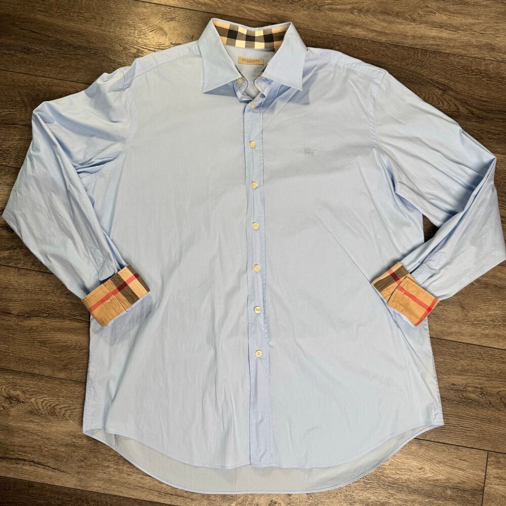 Authenticated Burberry London Men’s XL Blue Shirt Nova Check Cuffs